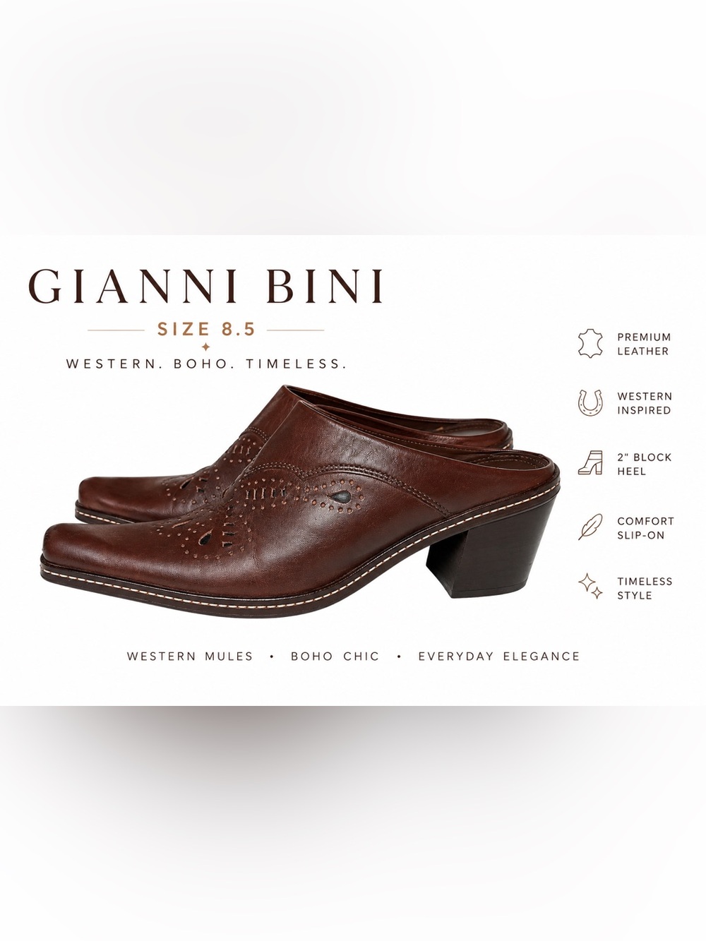 Gianni Bini Saddle Brown Leather Western Mules 8.5M Tooled Square Toe Y2K